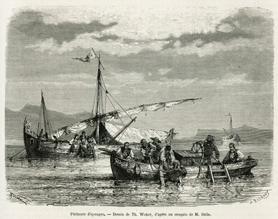 Sienikalastajat Nafplionlahdella, piirros The. Weber havainnollistaa tarinaa Kreikan matkasta vuosina 1861, 1868 ja 1874, kirjoittanut Henri Belle. Kaiverrus kirjassa Le tour du monde tekijältä Theodore Weber