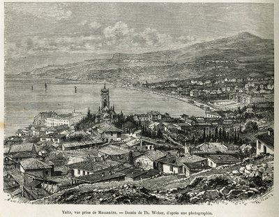 Jaltan kaupunki, otettu Massandrasta, piirroksena Th.Weber, havainnollistamaan F. De Melyn tarinaa Neljä kuukautta Venäjällä vuonna 1876. Kaiverrus kirjassa Le tour du monde tekijältä Theodore Weber