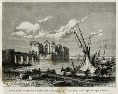 Sidonin merilinna ennen vuoden 1840 pommitusta. Kaiverrus Th. Weber havainnollistaa tarinaa La Syria d