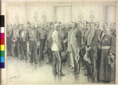 Keisari keskustelee Saksan suurlähettilään Philpp zu Eulenburg-Hertefeldin kanssa. tekijältä Theodore Zasche