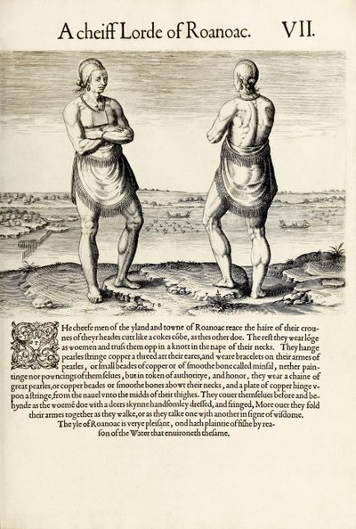 "A Chief Lord of Roanoac", Thomas Harriotin teoksesta "A Briefe and True Report of the New Found Land of Virginia" (kaiverrus) tekijältä Theodore de Bry