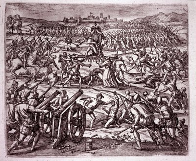 Dominikaaninen munkki, joka tuntee olevansa inkakuningas Atahualpa (Atabaliba) pilkannut, rohkaisee Francisco Pizarroa etsimään kostoa (kaiverrus tekijältä Theodore de Bry