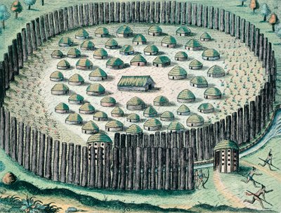 Linnoitettu intiaanikylä, kuvitus Floridan keskustelusta, Theodore de Bry, kaiverrus tekijältä Theodore de Bry