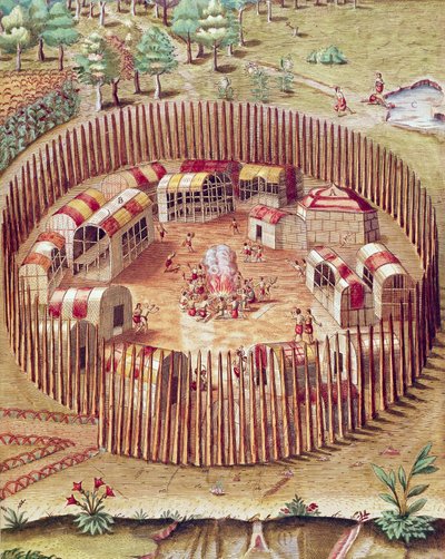 Pomeiokin intiaanien linnoitettu kylä, kuvitus Admiranda Narratiosta, kirjoittanut Theodore De Bry tekijältä Theodore de Bry