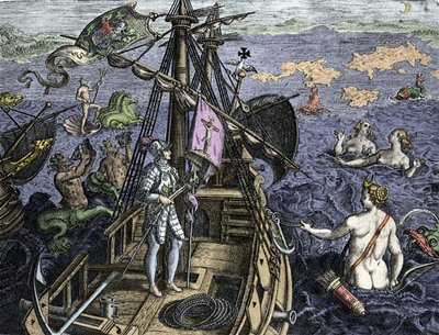 Allegorie des voyages de Christopher Columbus (1451-1506), kaiverrus Theodor de Bryn (1527-1598) teoksesta "Historia America sive Novi Orbis", Amsterdam 1594 tekijältä Theodore de Bry