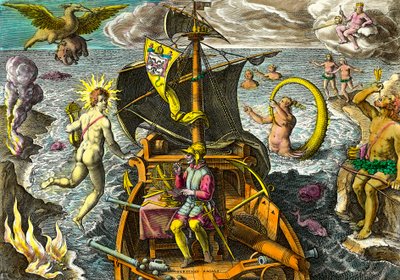 Al·legoria dels viatges del navegant Fernand de Magellan (1480-1521), representa a la seva nau utilitzant una esfera armil·lar i envolta personatges mitològics i animals fantàstics. Gravat de "Admirante Narratio Americae" de Theodore de Bry (1528-159 finla tekijältä Theodore de Bry