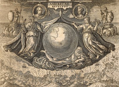 Länsi-Intian tai Amerikan allegoria, muotokuvia merenkulkijoista Christopher Columbuksesta ja Amerigo Vespuccista tekijältä Theodore de Bry