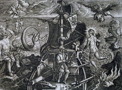 Allegoria Ferdinand Magellanin (1480-1521) matkoista, kaiverrus Theodor de Bry (1528-1598) tekijältä Theodore de Bry