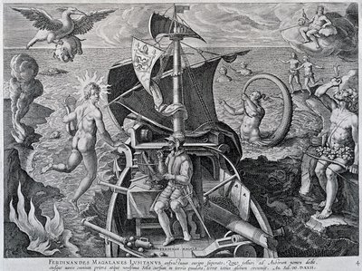 Allegoria Ferdinand Magellanin (1480-1521) matkoista, kirjoittanut Theodor de Bry (1528-1598) tekijältä Theodore de Bry