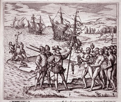 Christopher Kolumbuksen saapuminen Hispaniolan saarelle Länsi-Intiassa (kaiverrus tekijältä Theodore de Bry