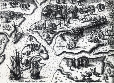 Ranskalaisten saapuminen Port Royaliin vuonna 1564, Theodor de Bry (1528-1598) Jacques le Moyne de Morguesin (noin 1533-ennen 1588) maalauksesta, kaiverrus tekijältä Theodore de Bry