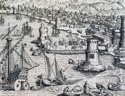 Girolamo Benzonin saapuminen La Palman satamaan, kaiverrus Historia Americaesta, kirjoittanut Theodor de Bry (1528-1598), Frankfurt tekijältä Theodore de Bry