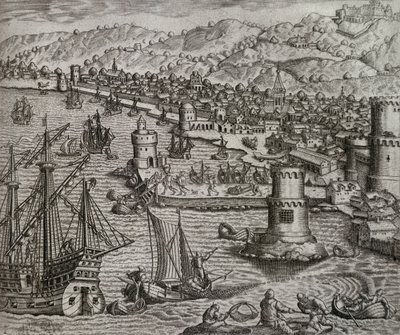 Girolamo Benzonin saapuminen Las Palmasin satamaan hänen matkallaan Amerikkaan (1541), Kanariansaarille, Theodor de Bryn (1528-1598) kaiverrus tekijältä Theodore de Bry