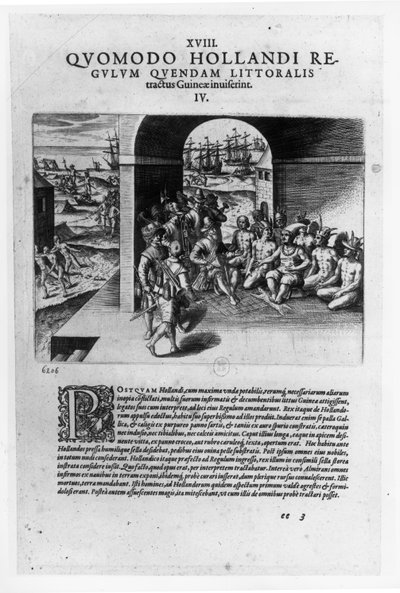 Hollannin johtajien saapuminen Guineaan: Neuvottelut espanjalaisille valloittajille myytävien orjien ostosta, "Petits Voyages", 1585-88 tekijältä Theodore de Bry