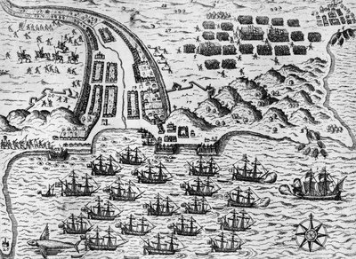 Hyökkäys Santiagoon 27. marraskuuta 1585 (kaiverrus) tekijältä Theodore de Bry