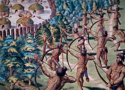 Hyökkäys kylää vastaan liekeillä nuolilla, kaiverrus Narration In Floridasta tekijältä Theodore de Bry
