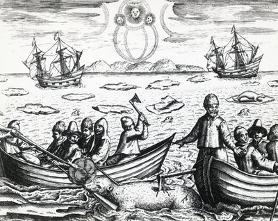 Aurora borealis ja valkokarhun metsästys kolmannella William Barentsin (n. 1550-1597) johtamalla Koillisväylää etsivällä tutkimusmatkalla vuonna 1596, Theodor de Bry (1528-1598), kaiverrus tekijältä Theodore de Bry