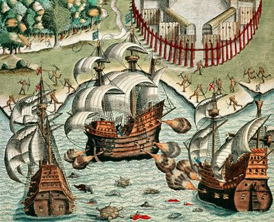 Taistelu ranskalaisten ja portugalilaisten välillä Buttugarin edustalla tekijältä Theodore de Bry
