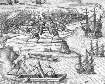 Taistelu Jamaikalla Christopher Columbuksen ja Francisco Porazin välillä, 1504 1631 tekijältä Theodore de Bry