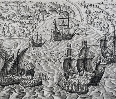 Taistelu Maticalin kaupungin edessä Bengalinlahdella, kaiverrus Indiae Orientalisista, kirjoittanut Theodor de Bry (1528-1598) tekijältä Theodore de Bry
