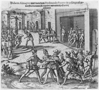 Diego de Almagron vangitseminen, oikeudenkäynti ja teloitus Francisco Pizarron käskystä tekijältä Theodore de Bry