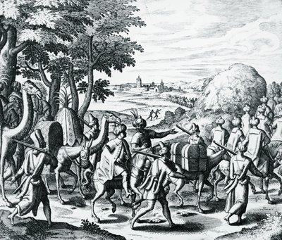 Arabikauppiaiden karavaani matkustamassa Alepposta Basraan, kaiverrus Grands and Petits Voyagesista, Theodor de Bry (1528-1598), Lähi-itä tekijältä Theodore de Bry
