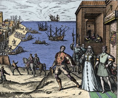Christopher Columbus ja Pinzon-veljekset lähtevät Paloksen satamasta Espanjasta 3.8.1492 kohti uutta maailmaa. Oikealla Portugalin kuningas ja kuningatar katolinen Ferdinand II Aragonia ja Isabella Iere Kastiliasta. Kaiverrus Theodore de Bry kirjassa "" Ad tekijältä Theodore de Bry