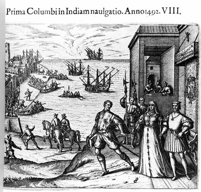 Christopher Columbus ja Pinzon-veljekset lähtevät Paloksen satamasta Espanjasta 3.8.1492 kohti uutta maailmaa. Oikealla Portugalin kuningas ja kuningatar katolinen Ferdinand II Aragonia ja Isabella Iere Kastiliasta. Kaiverrus Theodore de Bry kirjassa "" Ad tekijältä Theodore de Bry