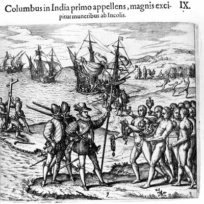 Kristoffer Kolumbus saapuu Länsi-Intiaan. Theodore de Bryn kaiverrus teoksessa "Admirante Narratio - Americae". tekijältä Theodore de Bry