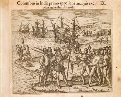 Christopher Columbus laskeutuu Guanahanin saarelle (San Salvador) 12. lokakuuta tekijältä Theodore de Bry
