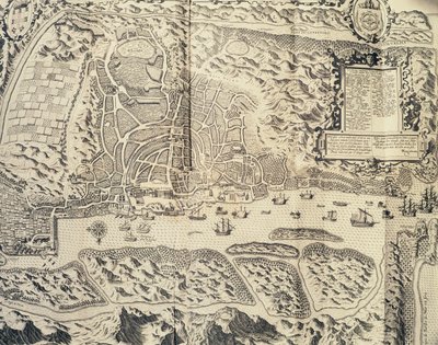 Goan kaupunki Intiassa, Theodor de Bryn (1528-1598) kaiverrus matkakertomuksesta merimies Jan Huyghen van Linschotenin matkasta Portugalin Itä-Intiaan 1579-1592, 1500-luku tekijältä Theodore de Bry