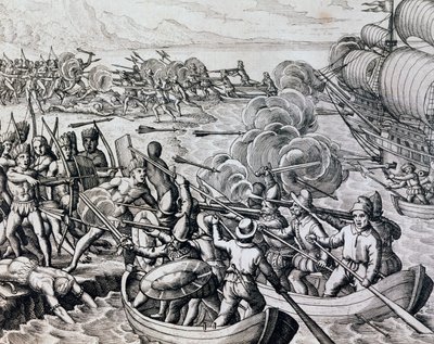 Alkuperäisten intiaanien ja espanjalaisten joukkojen yhteenotto, kaiverrus Historia Americaesta, kirjoittanut Theodor de Bry (1528-1598), Frankfurt tekijältä Theodore de Bry