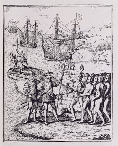 Columbus at Hispaniola, julkaisusta "The Narrative and Critical History of America", toimittanut Justin Winsor, Lontoo, 1886 tekijältä Theodore de Bry