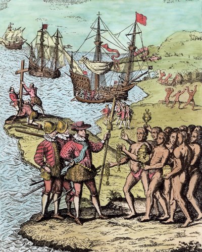 Columbus at Hispaniola, julkaisusta "The Narrative and Critical History of America", toimittanut Justin Winsor, Lontoo, 1886 (myöhempi väritys) tekijältä Theodore de Bry