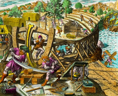 Veneen rakentaminen espanjalaiselle navigaattorille Vasco Nunez de Balboalle (1475-1517) Kaiverrus Theodore de Bryn (1528-1598) teoksesta "Amerikan historia" 1500-luvulta. Yksityinen kokoelma tekijältä Theodore de Bry