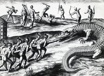 Krokotiilin metsästys Floridassa Jacques le Moyne de Morguesin (noin 1533-ennen 1588) maalauksesta, Theodor de Bry (1528-1598). kaiverrus tekijältä Theodore de Bry