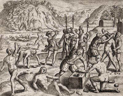 Kuvaus espanjalaisten siirtokuntien intiaaneihin tekemistä rikoksista – valloittajat murhaavat intiaanikylän. Amputations des mains – Theodore de Bryn kaiverrus Bartolome d. tekijältä Theodore de Bry