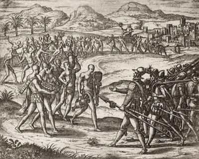 Kuvaus espanjalaisten siirtokuntien intiaaneille tekemistä rikoksista - Intiaanit tuomassa lahjoja ja kultaa valloittajille - Theodore de Bryn kaiverrus " "Tarina joistakin tuhoutuneista espanjalaisista tekijältä Theodore de Bry