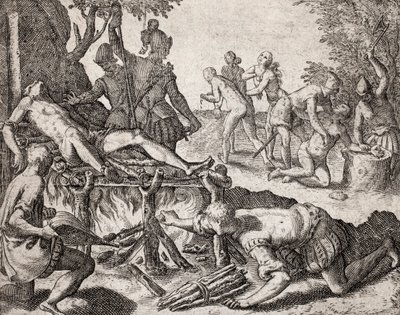 Kuvaus espanjalaisten uudisasukkaiden intiaaneihin tekemistä rikoksista - Espanjan valloittajien intiaanien kiduttaminen. Kidutus grillillä, käsien amputointi - Theodore de Bryn kaiverrus kirjaan Narratio regionum indicarum per Hispanos quosdam devastataru tekijältä Theodore de Bry