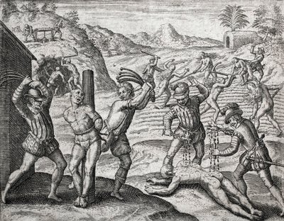 Kuvaus espanjalaisten uudisasukkaiden intiaaneihin tekemistä rikoksista - espanjalaiset kiduttivat intiaania - Theodore de Bryn kaiverrus Bartolome de las Casasin (1484-1566) "Brevisima Relacion de la Destruction de las Indias" -kirjaan tekijältä Theodore de Bry