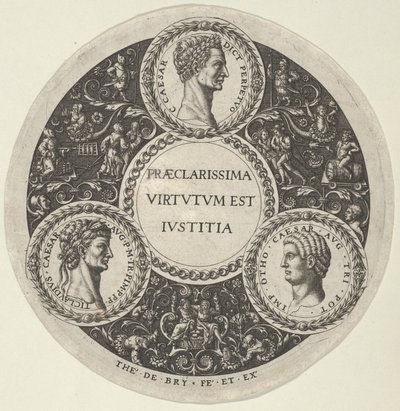 Suunnittelu lautaselle, jossa on muotokuvia Rooman keisareista Caesarista, Claudiuksesta ja Othosta, noin..., n. 1588. tekijältä Theodore de Bry