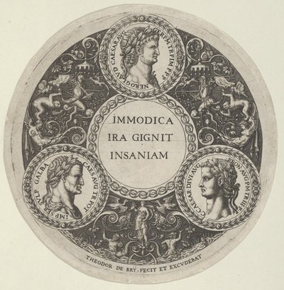 Suunnittelu lautaselle, jossa on muotokuvia Rooman keisareista Nero, Galba ja Caligula, n. ..., n. 1588. tekijältä Theodore de Bry