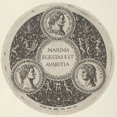 Suunnittelu lautaselle, jossa on muotokuvia Rooman keisareista Vitelliuksesta, Domitianuksesta ja Augustista..., n. 1588. tekijältä Theodore de Bry