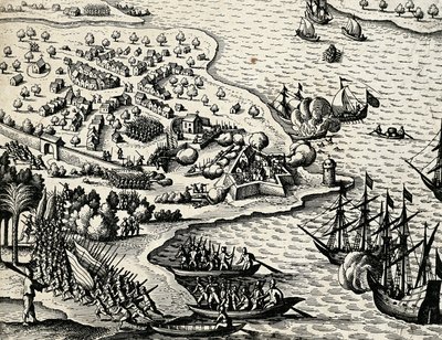 Hollantilainen retkikunta pitkin Mosambikin rannikkoa, Theodor de Bryn (1528-1598) kaiverrus Intiasta orientalis tekijältä Theodore de Bry