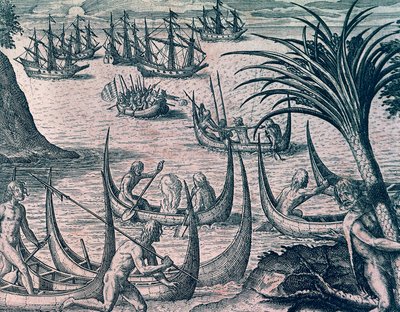 Hollantilaiset laivat Magellanin salmessa, Theodore de Bryn (1528-1598) kaiverrus Amerikan historiasta, Frankfurt tekijältä Theodore de Bry