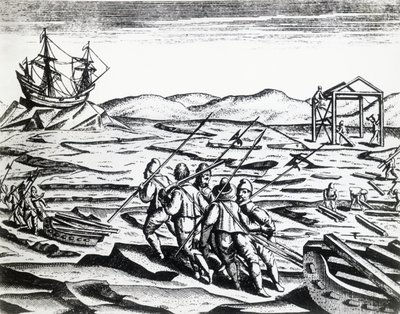William Barentsin (n. 1550-1597) johtama retkikunta etsimään Koillisväylää Peregrinationesista, Theodor de Bry (1528-1598), kaiverrus tekijältä Theodore de Bry