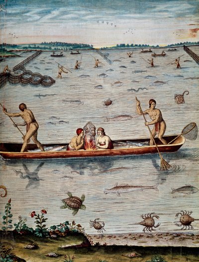 Virginian alkuperäisasukkaiden kalastustekniikat, Theodor de Bryn (1528-1598) kaiverrus Admiranda narrative trust tamen, commodis et de incolarvm ritibvs Virginae tekijältä Theodore de Bry