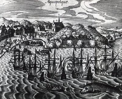 Theodor de Bryn (1528-1598) kaiverrus Acapulcon satamassa galleonien laivasto tekijältä Theodore de Bry
