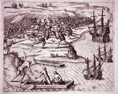 Kristoffer Kolumbuksen neljäs matka Jamaikan saarella vuonna 1503 (kaiverrus tekijältä Theodore de Bry