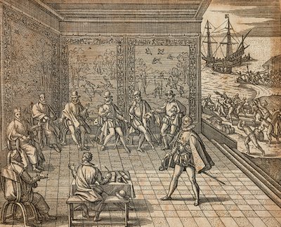 Francisco Pizarro valmistautuu tutkimusmatkalleen Etelä-Amerikkaan, kirjoittanut Theodor de Bry tekijältä Theodore de Bry